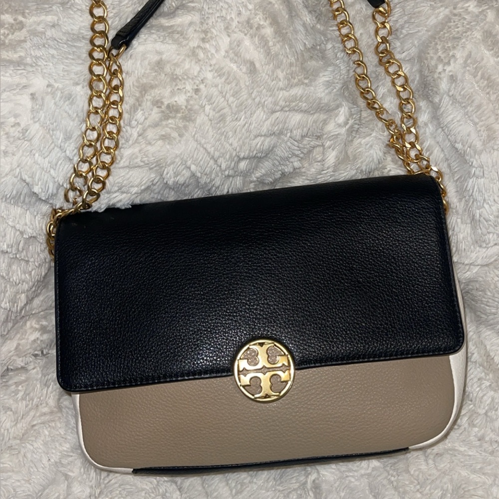 Tory Burch Black and Tan Shoulder Bag with Gold Chain